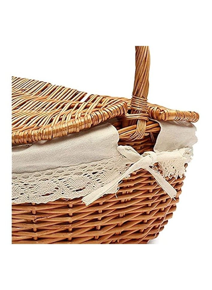 Green Tiger Picnic Baskets Oval Double Lidded Fruit Basket Hand Woven Wicker Basket Storage Container with Lining and Handle for Holiday Camping Home Decor - Image 2