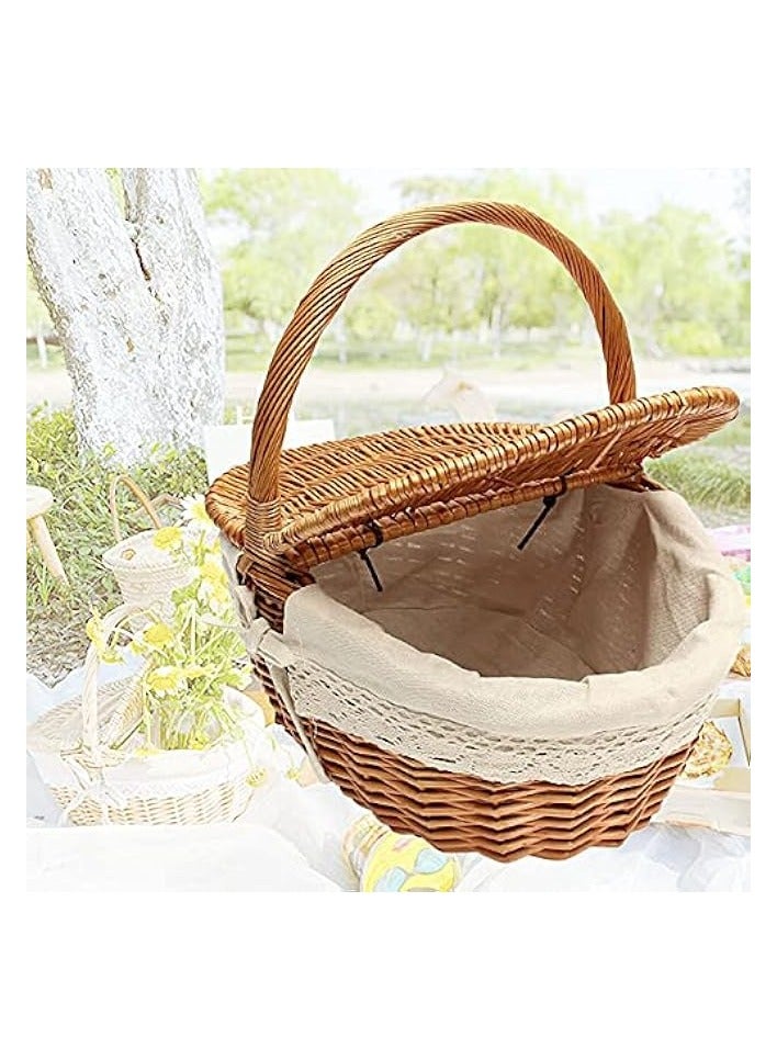 Green Tiger Picnic Baskets Oval Double Lidded Fruit Basket Hand Woven Wicker Basket Storage Container with Lining and Handle for Holiday Camping Home Decor - Image 1