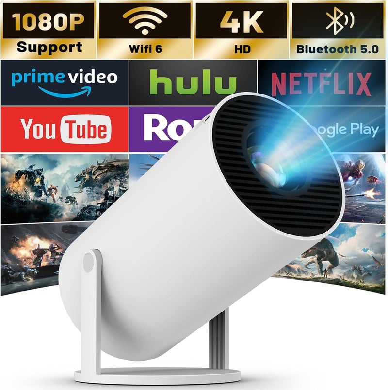 RECTITUDE Smart Portable Mini Projector, 4K 1080P Full HD Projector, Support Video Projector, WiFi 5G BT 5.0, Cinema 180° Can Be Rotated, Android 11, Compatible Windows/iOS/Android - Image 1