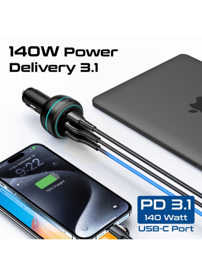 PROMATE Car Charger, Super-Fast 230W Car Adapter with 140W Qualcomm USB-C  3.0, Dual 45W Type-C and USB-A Power Delivery Ports, Temperature-Control and Over Charging Protection for Laptops, Smartphones, GPS, PowerDrive-230 Black - Image 2