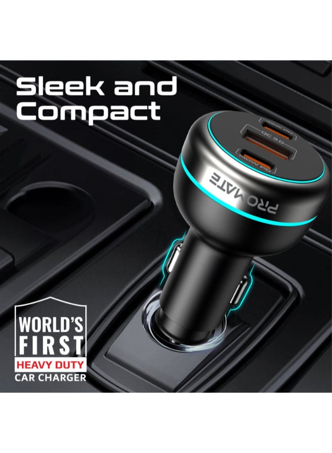 PROMATE Car Charger, Super-Fast 230W Car Adapter with 140W Qualcomm USB-C  3.0, Dual 45W Type-C and USB-A Power Delivery Ports, Temperature-Control and Over Charging Protection for Laptops, Smartphones, GPS, PowerDrive-230 Black - Image 5