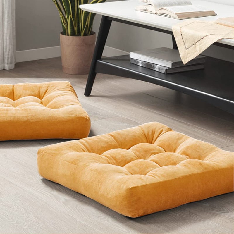 Degrees of Comfort Meditation Floor Pillow Set of 2, Square Large Pillows Seating for Adults, Tufted Corduroy Cushions for Balcony Outdoor Tatami Living Room, Orange Yellow, 22x22 - Image 1