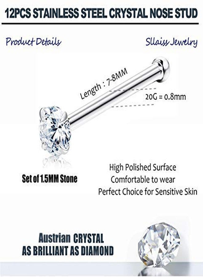 Sllaiss 12Pcs Nose Studs Rings Made with Austrian Crystal Piercing Pin Body Jewelry 1.5mm Surgical Stainless Steel 4 Prongs Setting Nose Stud Piercing Jewelry Set - Image 3