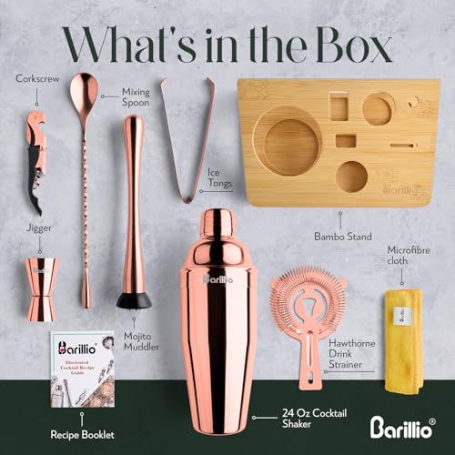 Barillio Rose Gold Bartender Kit - Stainless-Steel Cocktail Shaker Set w/Bamboo Stand - Mixology Bar Tools w/Shaker, Drink Mixer Spoon & Muddler for Cocktails - Home Bar Accessories - 10-Pc Bar Set - Image 2