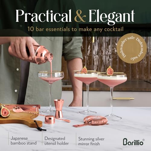 Barillio Rose Gold Bartender Kit - Stainless-Steel Cocktail Shaker Set w/Bamboo Stand - Mixology Bar Tools w/Shaker, Drink Mixer Spoon & Muddler for Cocktails - Home Bar Accessories - 10-Pc Bar Set - Image 3