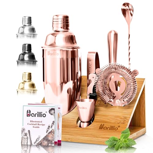 Barillio Rose Gold Bartender Kit - Stainless-Steel Cocktail Shaker Set w/Bamboo Stand - Mixology Bar Tools w/Shaker, Drink Mixer Spoon & Muddler for Cocktails - Home Bar Accessories - 10-Pc Bar Set - Image 1