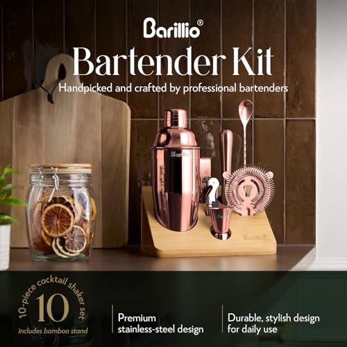 Barillio Rose Gold Bartender Kit - Stainless-Steel Cocktail Shaker Set w/Bamboo Stand - Mixology Bar Tools w/Shaker, Drink Mixer Spoon & Muddler for Cocktails - Home Bar Accessories - 10-Pc Bar Set - Image 5