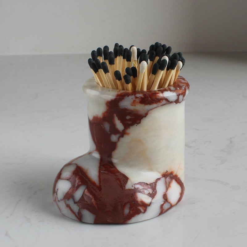 Natust Christmas Santa Boot Desk Organizer, Genuine Marble Multifunctional Decor - Candle Holder, Mini Vase, Pen Pot, Makeup Brush Holder, Christmas Decoration for Tabletop Fireplace (Calacatta Red Marble) - Image 2