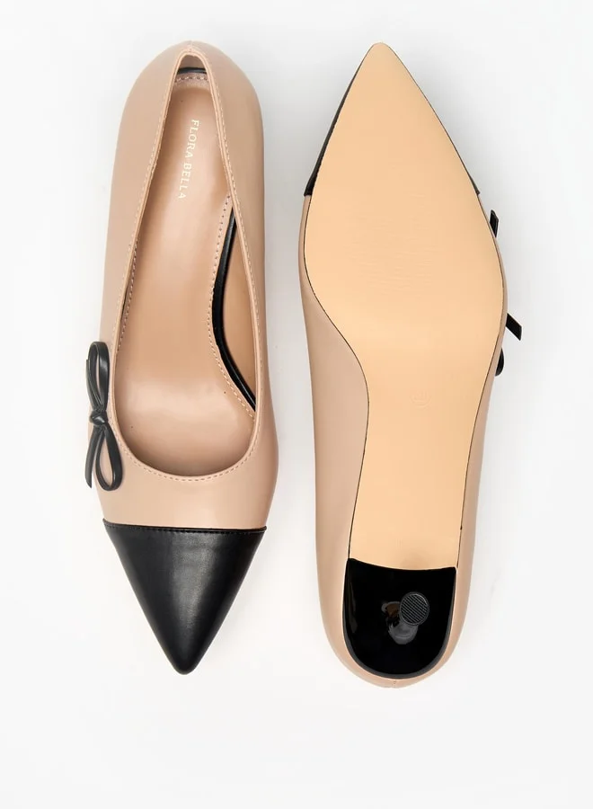 Flora Bella By Shoexpress Women Dual Tone Slip-On Pumps with Kitten Heels and Bow Applique