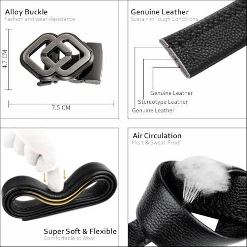 TUSHI Genuine leather belt for men | Gents | Boys Automatic Autolock Buckle – Stylish, Durable, No-hole Design, Fits Up To 46 Inches, Perfect For Formal & Casual Wear Birthday Gift (Black) (Black-Gold) - Image 2