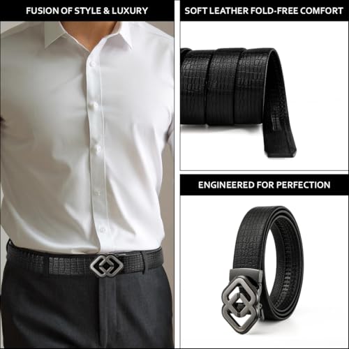 TUSHI Genuine leather belt for men | Gents | Boys Automatic Autolock Buckle – Stylish, Durable, No-hole Design, Fits Up To 46 Inches, Perfect For Formal & Casual Wear Birthday Gift (Black) (Black-Gold) - Image 3