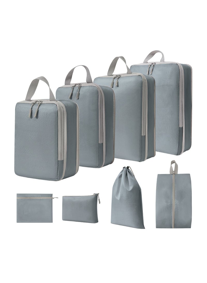 SOLARAE 8-Piece Expandable Waterproof Compression Packing Cubes Set for Travel, Includes Shoe Bag and Laundry Bag - Essential Luggage Organizers for Suitcases (Grey) - Image 1