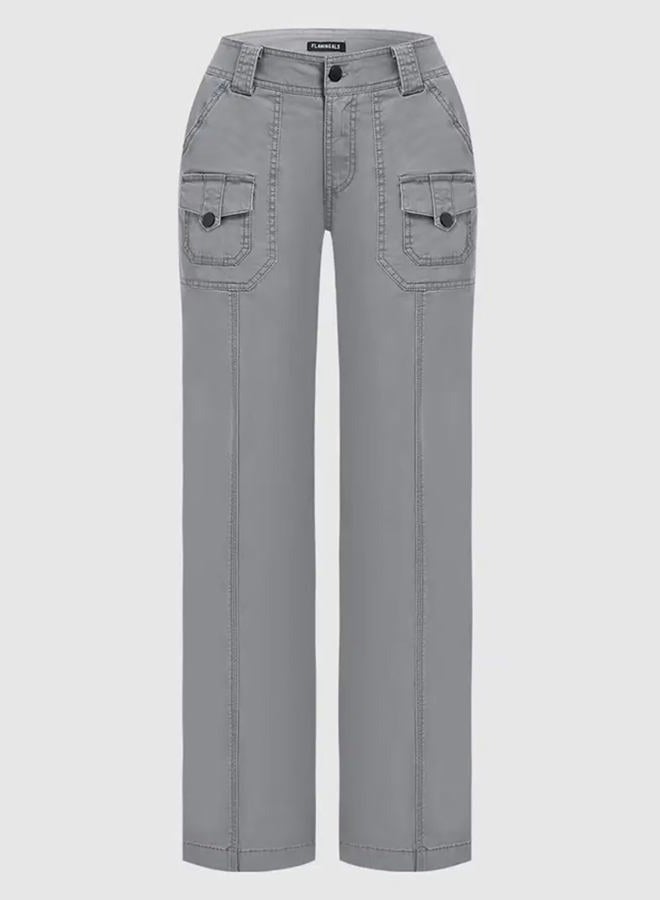 Flamingals Straight Leg Pants for Women Casual Mid Waist Multi Pocket Seam Detail Pants Without Belt, Gray, XL - Image 4