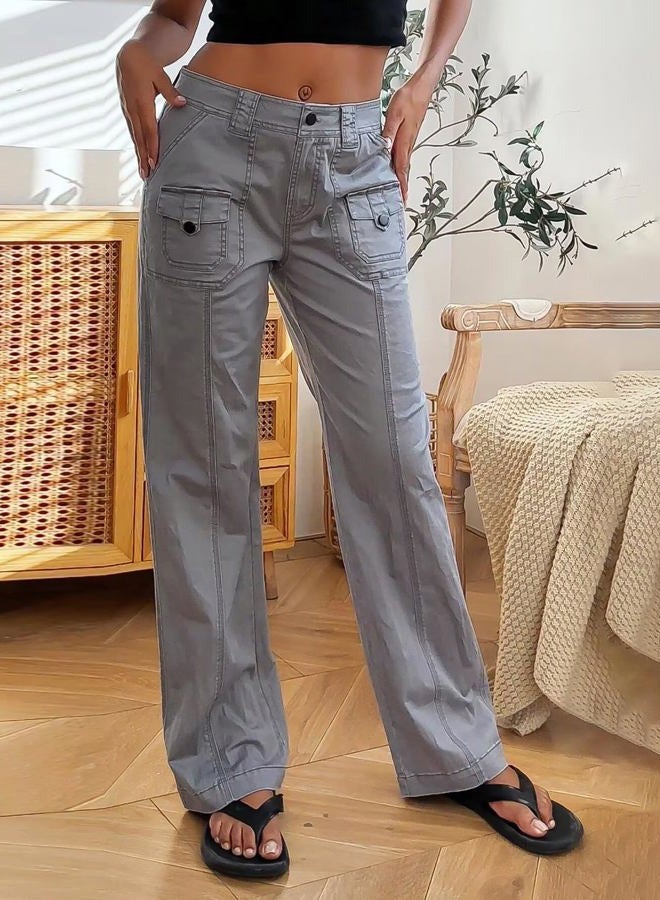 Flamingals Straight Leg Pants for Women Casual Mid Waist Multi Pocket Seam Detail Pants Without Belt, Gray, XL - Image 2