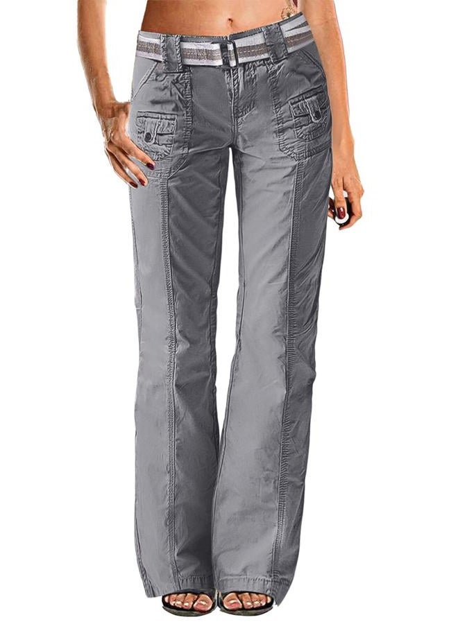 Flamingals Straight Leg Pants for Women Casual Mid Waist Multi Pocket Seam Detail Pants Without Belt, Gray, XL - Image 1
