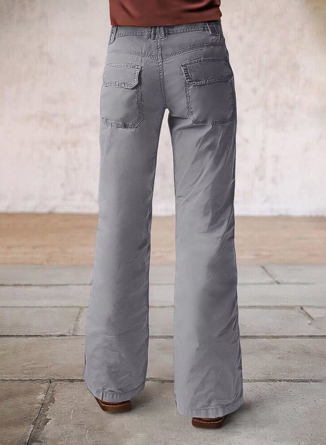 Flamingals Straight Leg Pants for Women Casual Mid Waist Multi Pocket Seam Detail Pants Without Belt, Gray, XL - Image 3