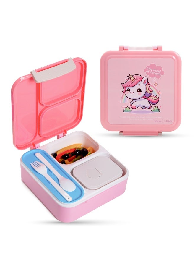 Nova Kids 3 Compartment Bento Lunch Box w/ Spoon & Fork Set and Stainless Steel Jar - Unicorn Pink - Image 1