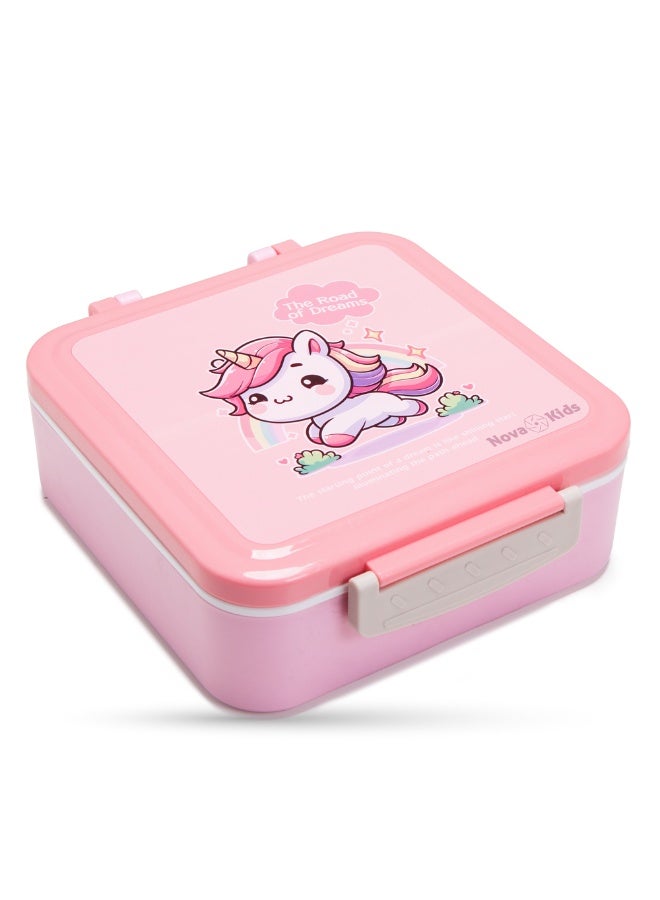 Nova Kids 3 Compartment Bento Lunch Box w/ Spoon & Fork Set and Stainless Steel Jar - Unicorn Pink - Image 3