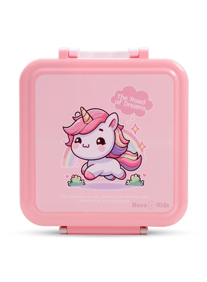 Nova Kids 3 Compartment Bento Lunch Box w/ Spoon & Fork Set and Stainless Steel Jar - Unicorn Pink - Image 2