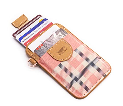 POCKT Slim Card Holder Wallet For Men and Women - Minimalist Front Pocket Wallet Elastic Credit Card Holder Genuine Leather RFID Blocking Card Case Wallets | Pink Plaid - Image 3