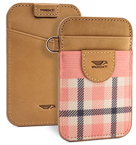POCKT Slim Card Holder Wallet For Men and Women - Minimalist Front Pocket Wallet Elastic Credit Card Holder Genuine Leather RFID Blocking Card Case Wallets | Pink Plaid - Image 1