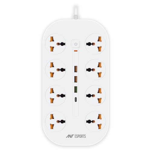 Ant Esports PS831 Power Strips with 8 Universal Socket and 3USB-A & 1Type-C, 3-Meter Cord, 2500-Watt,Fireproof Material, Heavy Duty Cable Overload Protection,Extension for Home/Office Appliances–White - Image 1