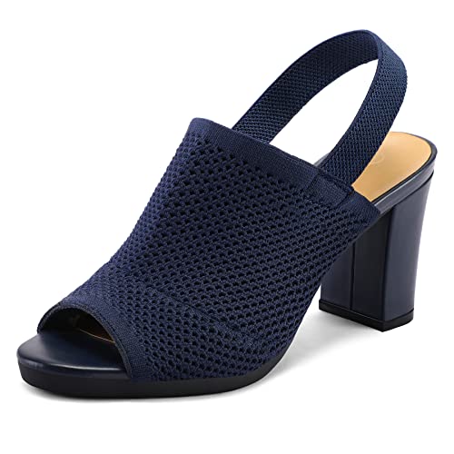 mysoft Women's Knit Chunky Block High Heels Elastic Slingback Open Toe 3 Inch Heeled Sandals,Navy,8 US - Image 1