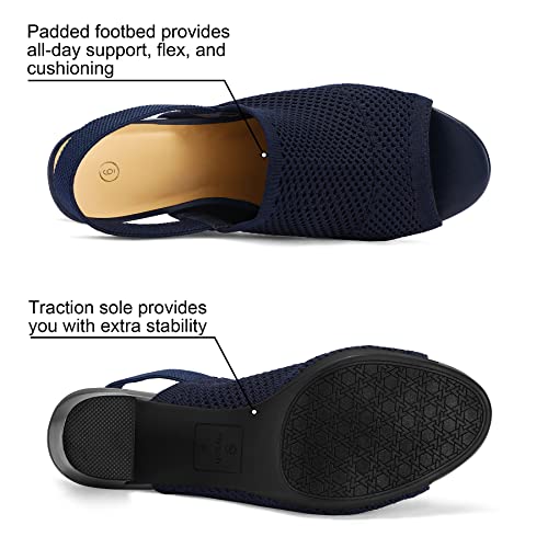 mysoft Women's Knit Chunky Block High Heels Elastic Slingback Open Toe 3 Inch Heeled Sandals,Navy,8 US - Image 3