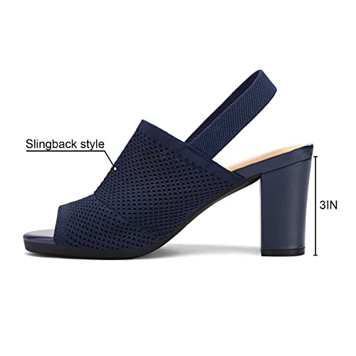 mysoft Women's Knit Chunky Block High Heels Elastic Slingback Open Toe 3 Inch Heeled Sandals,Navy,8 US - Image 2