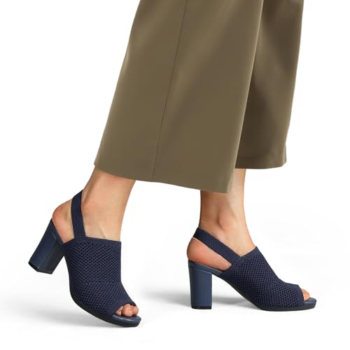 mysoft Women's Knit Chunky Block High Heels Elastic Slingback Open Toe 3 Inch Heeled Sandals,Navy,8 US - Image 5