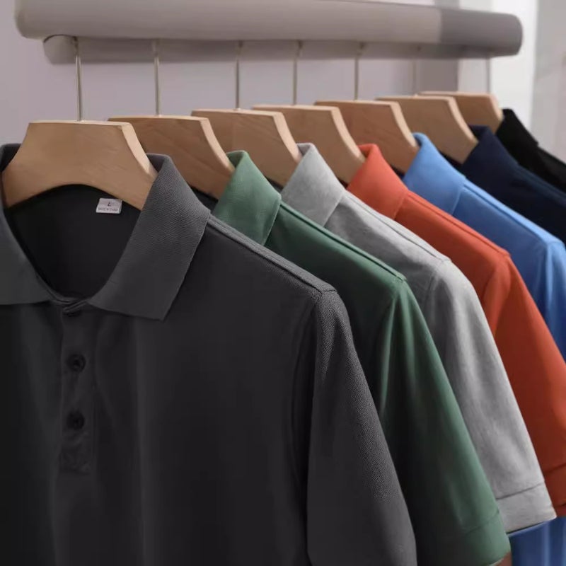 قميص بولو صيفي للرجال بلون موحد علوية فضفاضة سوداء - Image 4