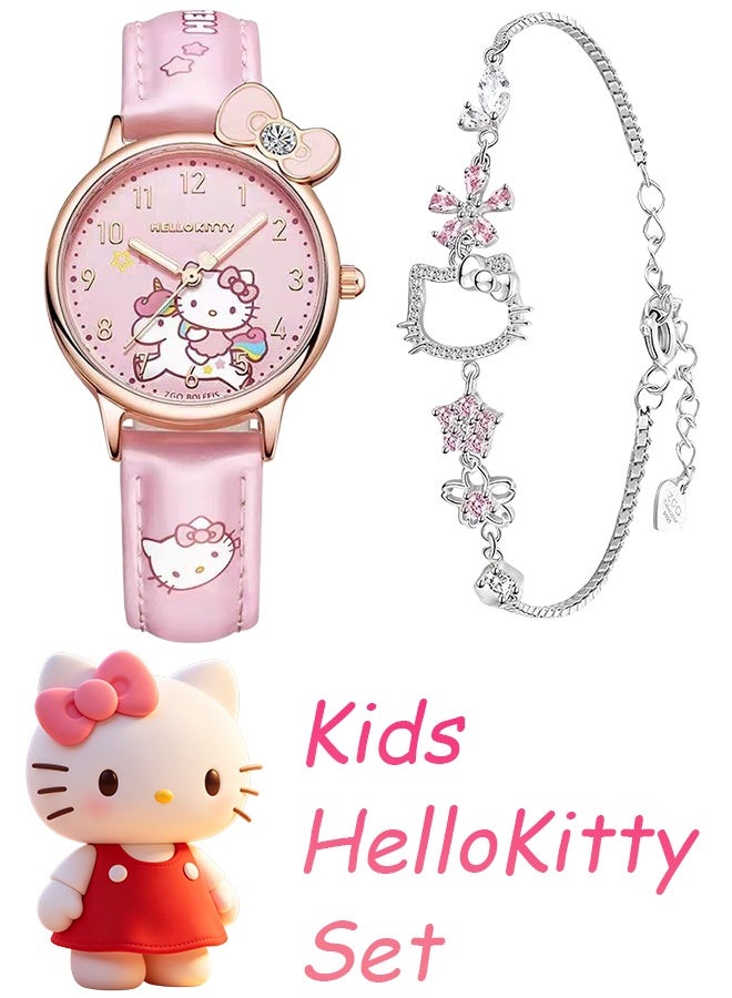 Hello Kitty Watch and Bracelet Gift Set Pink Leather Quartz Wrist Watch with Hello Kitty Charm Bracelet for Girls Women Casual Daily Wear Birthday Party Present - Image 1