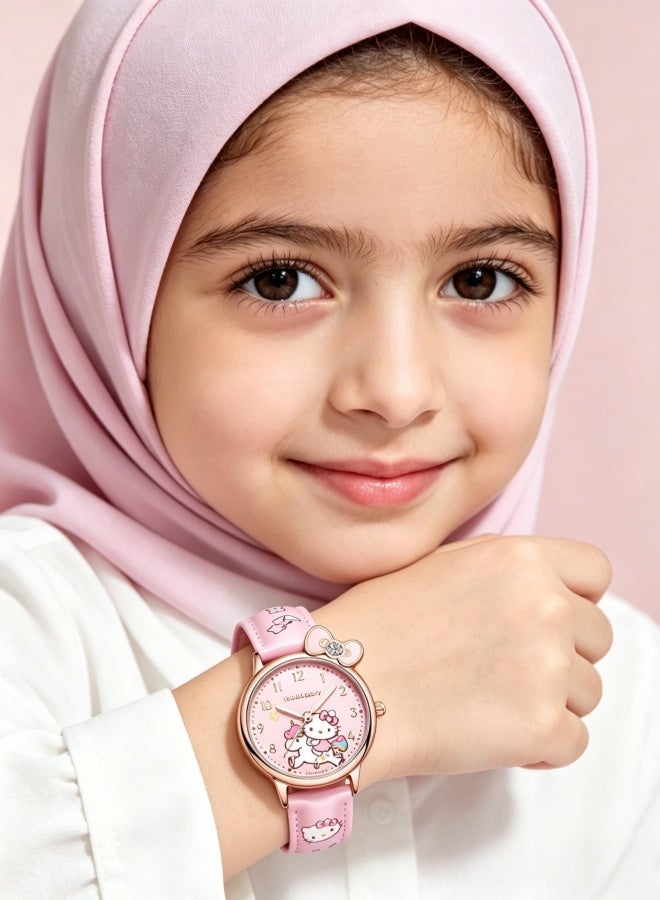 Hello Kitty Watch and Bracelet Gift Set Pink Leather Quartz Wrist Watch with Hello Kitty Charm Bracelet for Girls Women Casual Daily Wear Birthday Party Present - Image 2