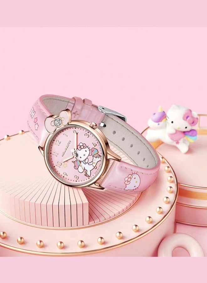 Hello Kitty Watch and Bracelet Gift Set Pink Leather Quartz Wrist Watch with Hello Kitty Charm Bracelet for Girls Women Casual Daily Wear Birthday Party Present - Image 4