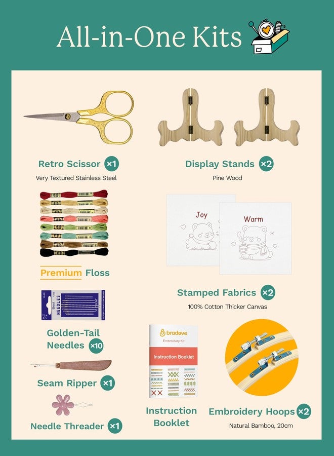 Bradove Embroidery Kit for Beginners, Bears Beginner Embroidery Kit for Adults Kids, Beginner Needlepoint Kits for Adults Kids, Easy Hand Embroidery Starter Kit with 2 Display Stands - Image 4