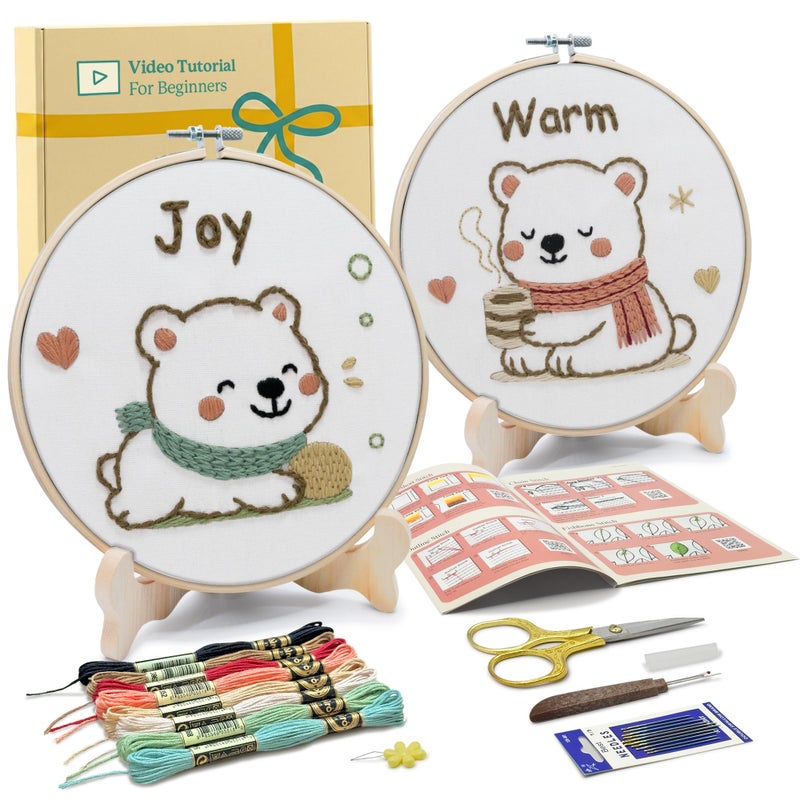 Bradove Embroidery Kit for Beginners, Bears Beginner Embroidery Kit for Adults Kids, Beginner Needlepoint Kits for Adults Kids, Easy Hand Embroidery Starter Kit with 2 Display Stands - Image 1