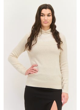 Women Petite Turn Down Neck Knitted Sweater, Beige - pzsku/Z1190A6AEAE06E6CE2C24Z/45/_/1738160241/603ac79f-17cf-4eeb-9fdb-d606fc22058f