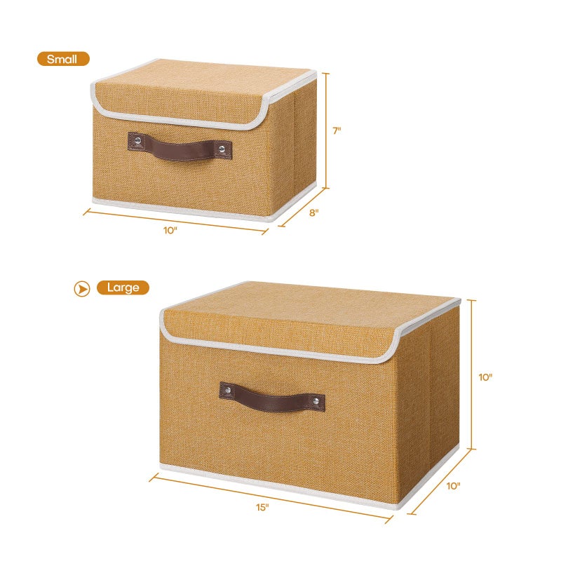 ANMINY 2PCS Storage Bins with Lid PU Leather Handles Storage Boxes PP Plastic Board Decorative Foldable Lidded Cotton Linen Fabric Home Cubes Baskets Closet Organizer Containers - Khaki, Large Size - Image 5