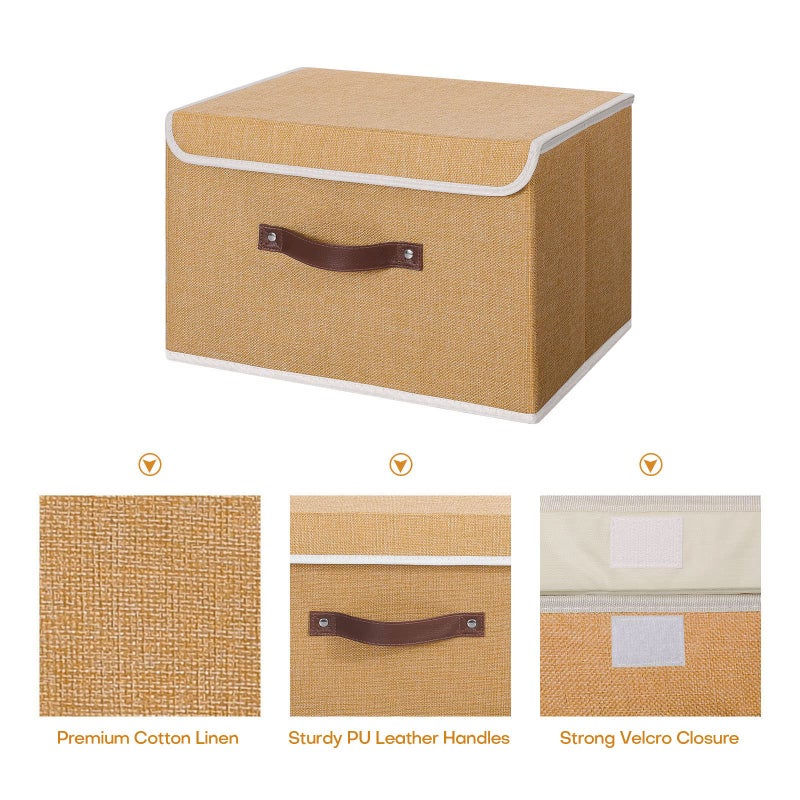 ANMINY 2PCS Storage Bins with Lid PU Leather Handles Storage Boxes PP Plastic Board Decorative Foldable Lidded Cotton Linen Fabric Home Cubes Baskets Closet Organizer Containers - Khaki, Large Size - Image 3