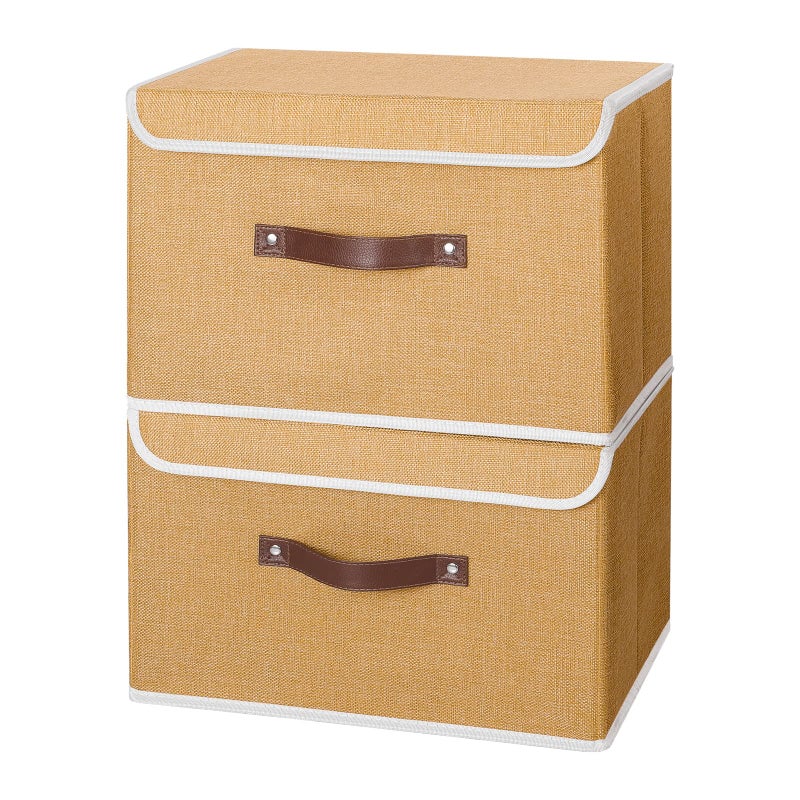 ANMINY 2PCS Storage Bins with Lid PU Leather Handles Storage Boxes PP Plastic Board Decorative Foldable Lidded Cotton Linen Fabric Home Cubes Baskets Closet Organizer Containers - Khaki, Large Size - Image 2