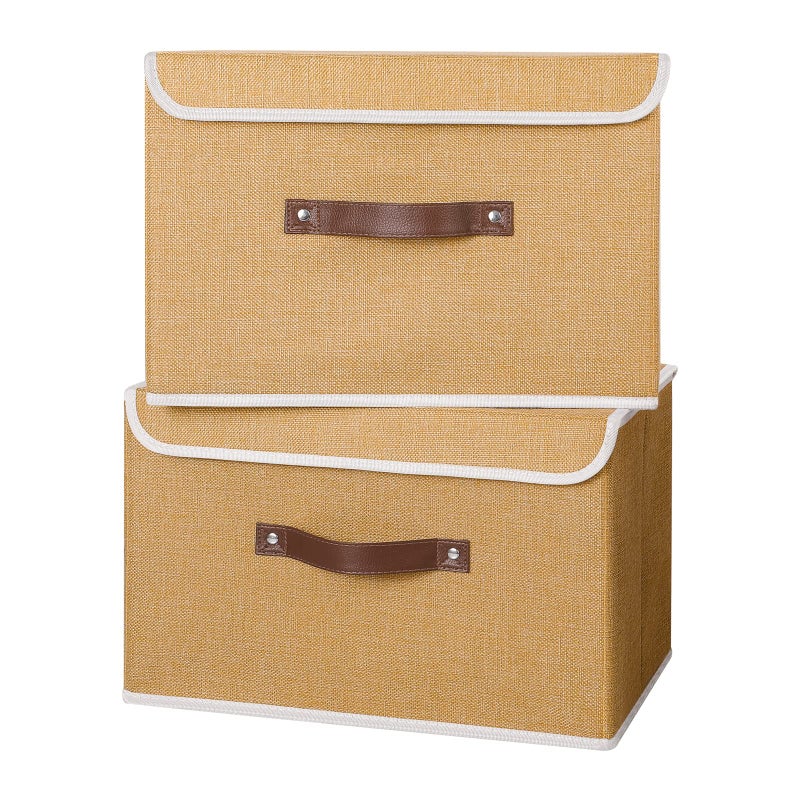 ANMINY 2PCS Storage Bins with Lid PU Leather Handles Storage Boxes PP Plastic Board Decorative Foldable Lidded Cotton Linen Fabric Home Cubes Baskets Closet Organizer Containers - Khaki, Large Size - Image 1