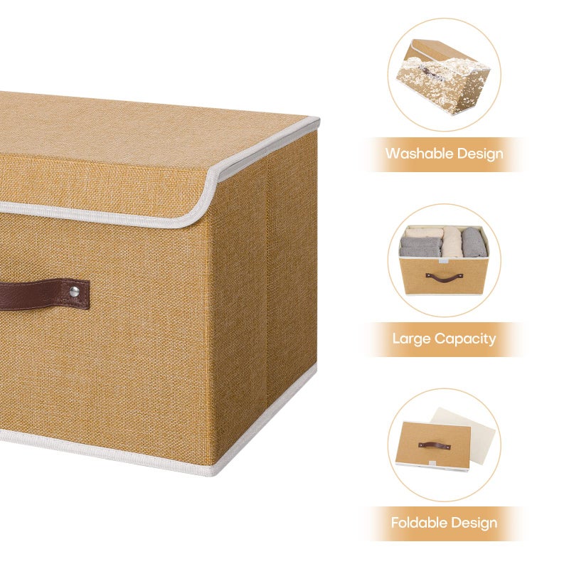 ANMINY 2PCS Storage Bins with Lid PU Leather Handles Storage Boxes PP Plastic Board Decorative Foldable Lidded Cotton Linen Fabric Home Cubes Baskets Closet Organizer Containers - Khaki, Large Size - Image 4