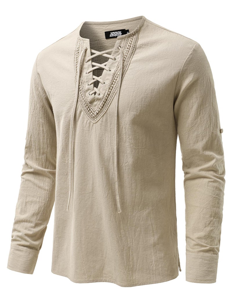 JOGAL Mens Renaissance Shirt Medieval Pirate Viking Halloween Costume Gothic Steampunk Retro Long Sleeve Lace Up Shirts Beige Large - Image 2
