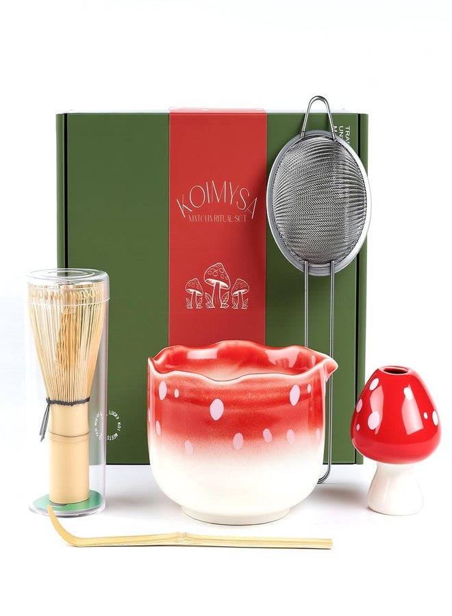 KOIMYSA Cute Matcha Set With Mushroom Design Bowl And Whisk Holder, Unique Japanese Matcha Kit Gifts For Women Girls Friends Tea Lovers, Red - Image 1