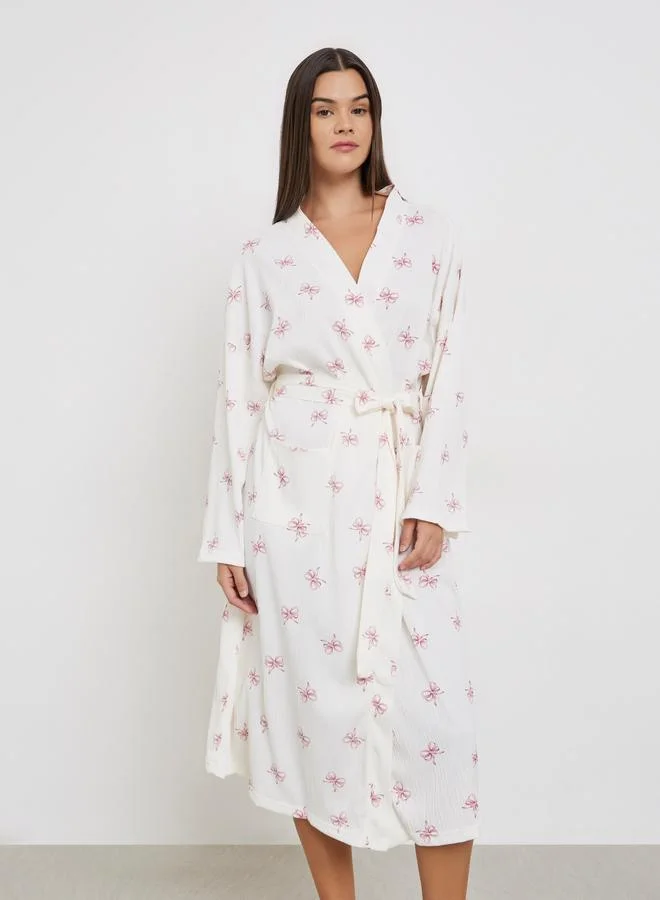 Styli Bow Print Long Sleeve Robe with Removable Belt