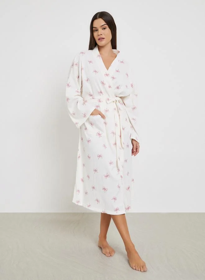 Styli Bow Print Long Sleeve Robe with Removable Belt