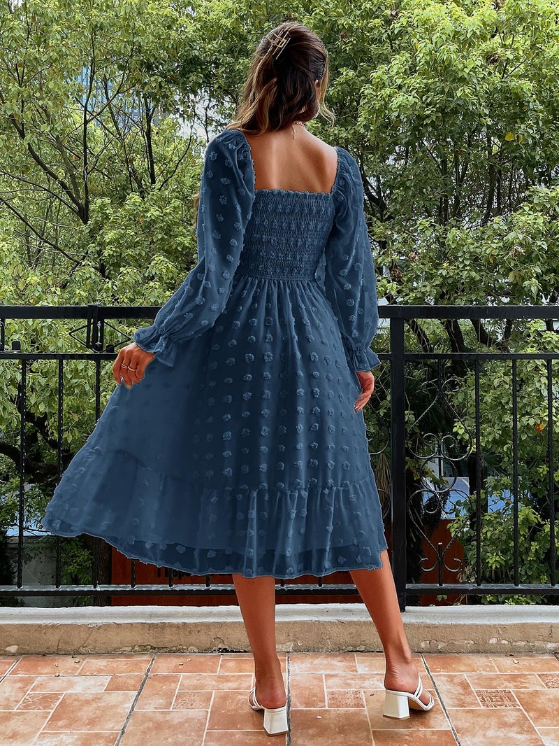 Amegoya Women's Elegant Square Neck Long Sleeve Formal Dress Fall Swiss Dot Modest Smocked Midi Wedding Guest Dress (Dusty Blue M) - Image 4