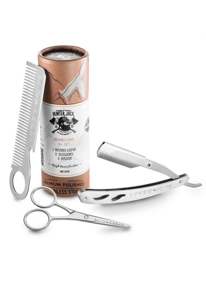 Hunter Jack Straight Razor Kit - Complete Straight Razors for Men Kit with Beard Scissors & Metal Comb - Barber Razor for Men - 10 Extra Straight Edge Razor Blades for Shaving - Premium Polished Stainless Steel - Image 1