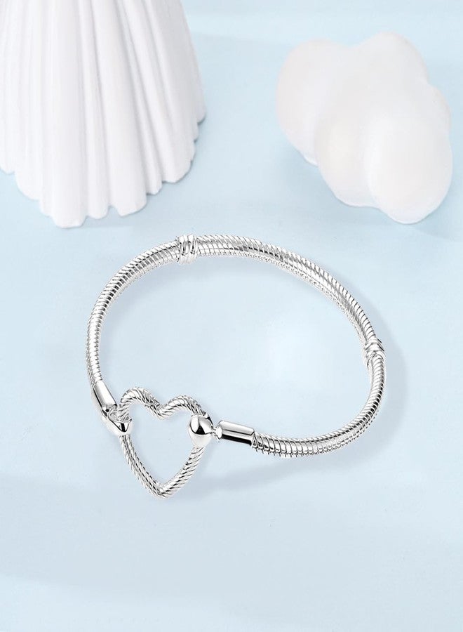 ChenYuTe 925 Sterling Silver Snake Chain Bracelet, Compatible with Pandora Charms Pendant, Heart Shape Bracelet Clasp for Women's Jewellery Gift - Image 2