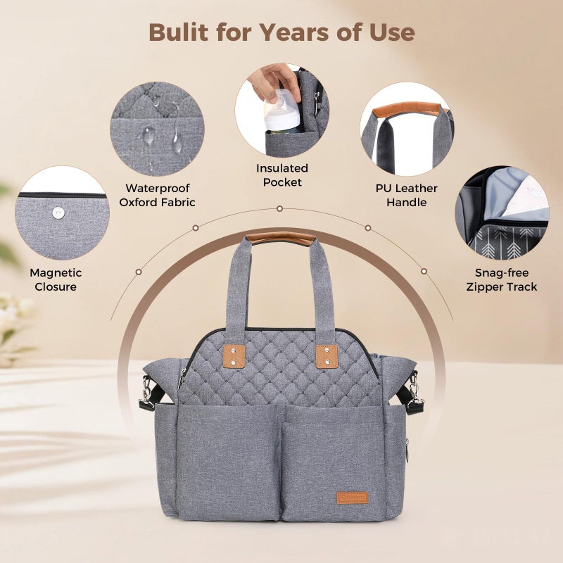Lekebaby Diaper Bag Tote for Baby - 17 Pockets Large Travel Diaper Tote with Portable Changing Pad, Mom Crossbody Hospital Bag for Labor Delivery, Waterproof, Baby Essentials for Newborn Gifts, Grey - Image 5